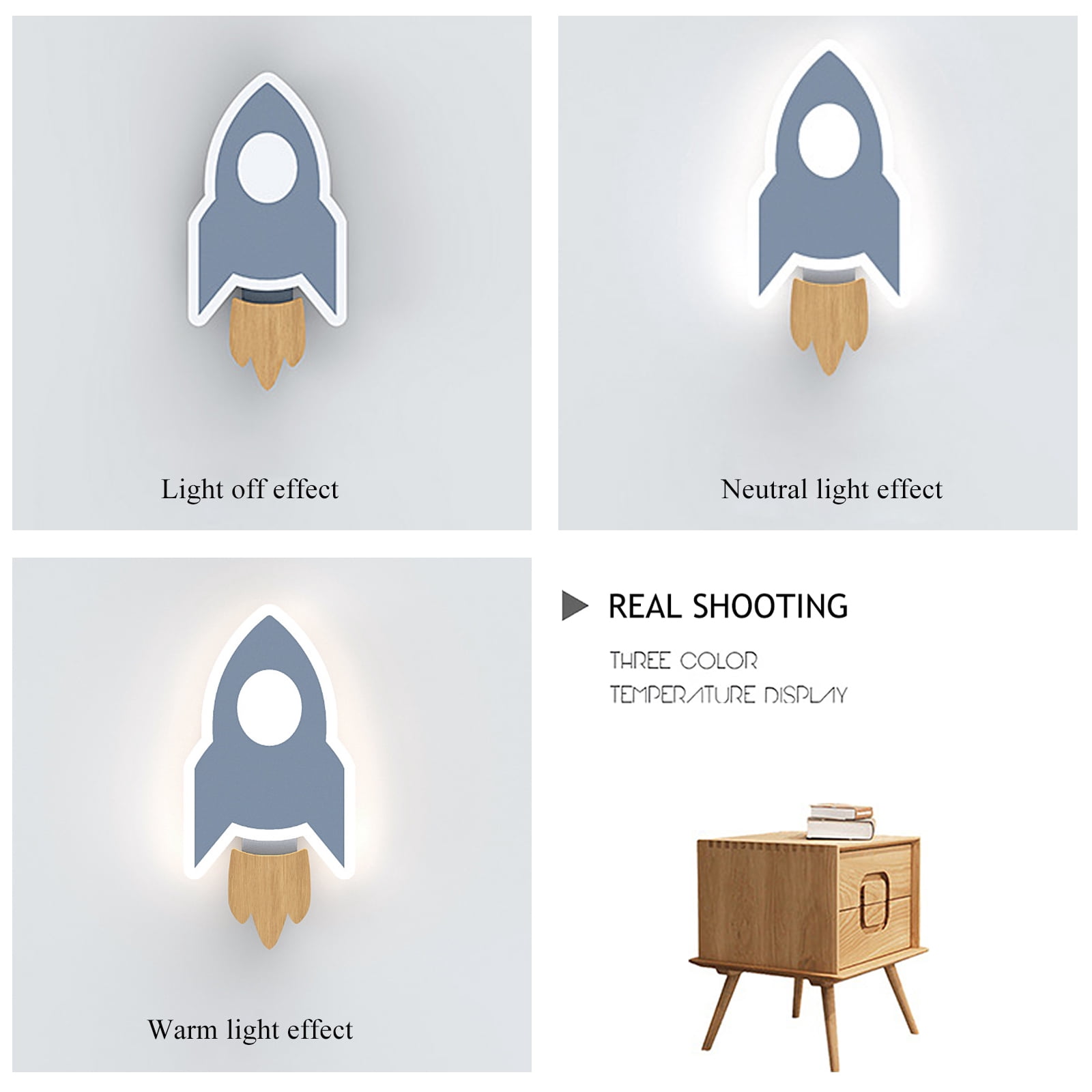 Rocket LED Wall Sconce, Blue with Natural Wood Accent, 3-Color Dimmable, Iron + Acrylic + Wood, Ideal for Children's Room Bedroom