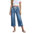thumbnail image 2 of Noric Women's Summer Denim Capri Pants Elastic Waist Drawstring Straight Leg Cropped Jeans with Pockets Casual, 2 of 6
