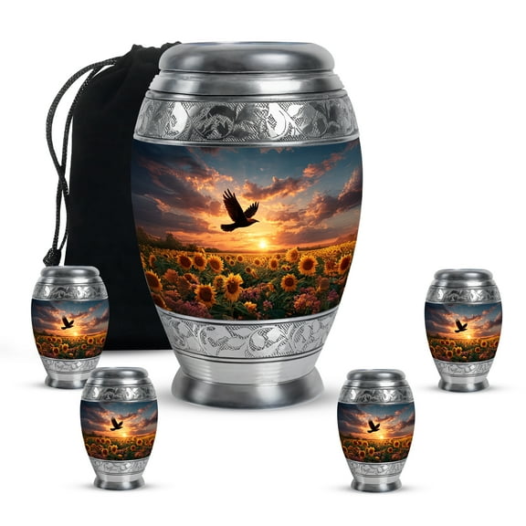 MUKTIVE Sparrow Memorial Urn for Women & Men Funeral, Large Grey Cremation Urns for Father Ashes, Decorative Small Sunflower Urns for Adult Ashes, Sunset Urn for Parents (1 Large, 4 Keepsake)
