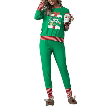 

DYMADE Womens Plus Size Pajamas Sets Christmas Print Long Sleeve Stitching Top Pants Homewear Suit