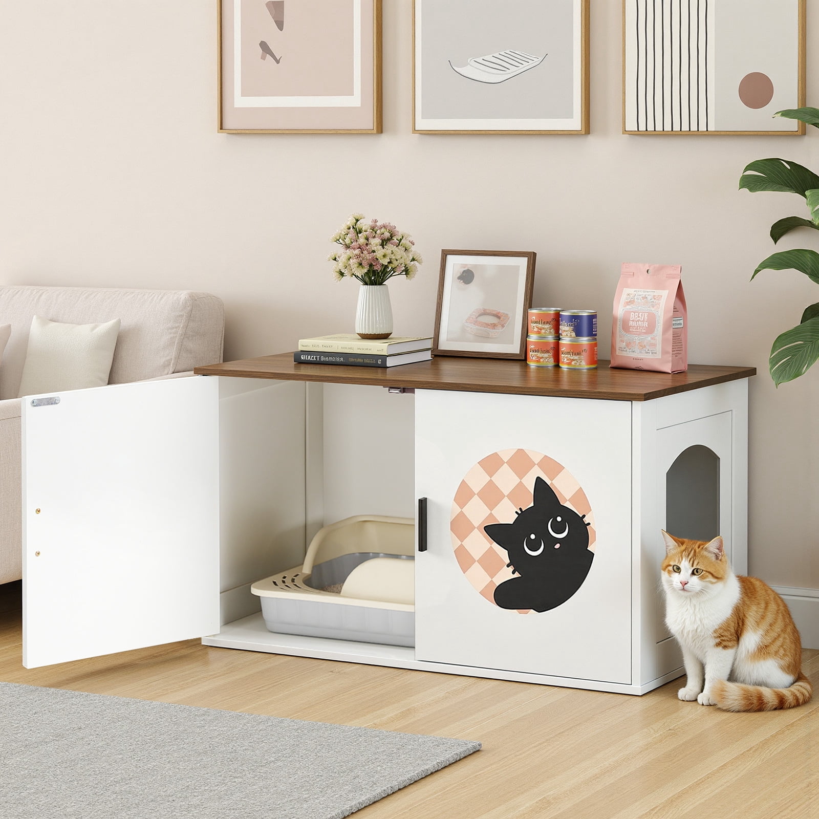 HOOBRO Cat Litter Box Enclosure, Hidden Litter Box Enclosure Furniture with Cute Cat Patterns and Arched Entrance, Litter Box Cabinet, Side Table, for Living Room, White and Walnut WH08MW01