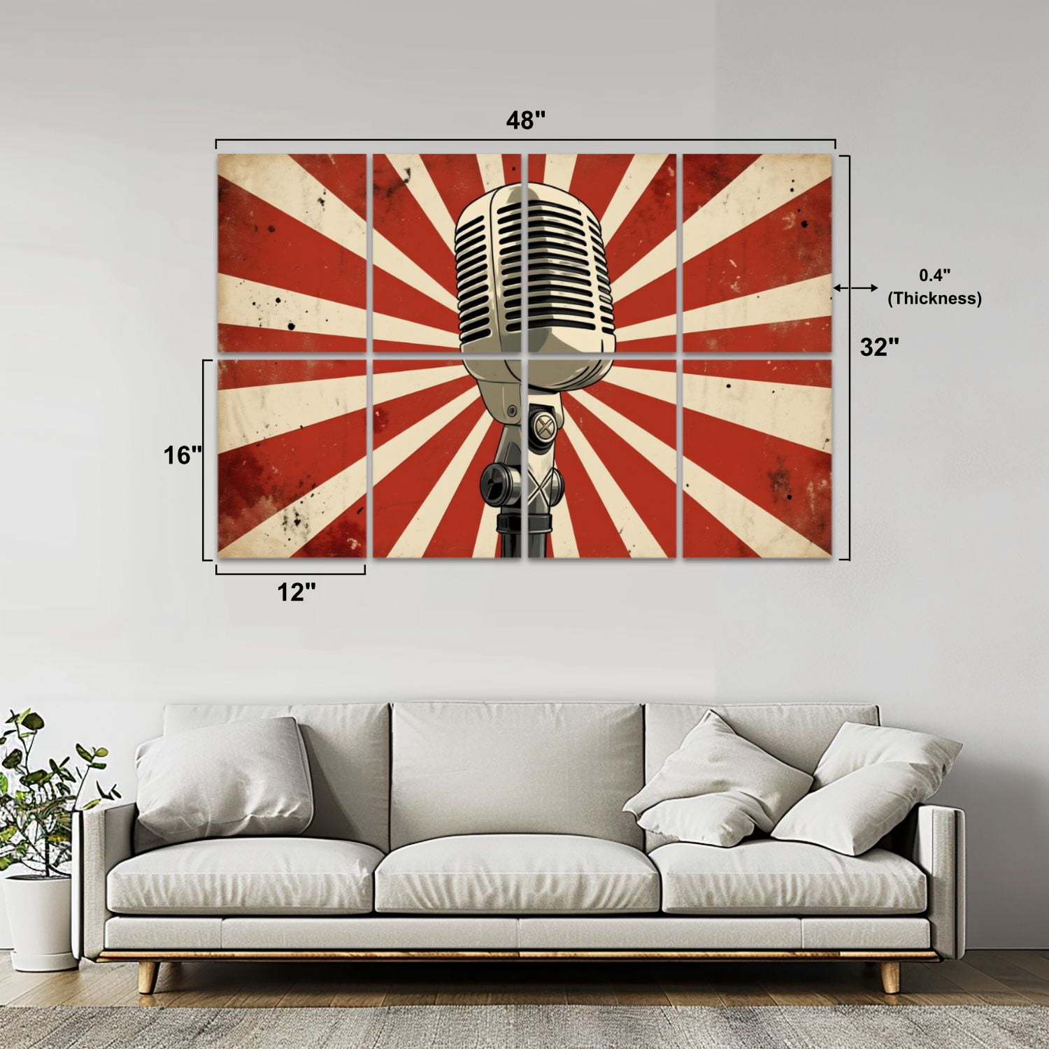 Musical 8 Pack Art Acoustic Panels Sound Absorbing Retro Vintage Microphone Red White Sunburst Decorative Soundproof Wall Panels Self Adhesive for Nursery Game Room Music Classroom 48"x32"