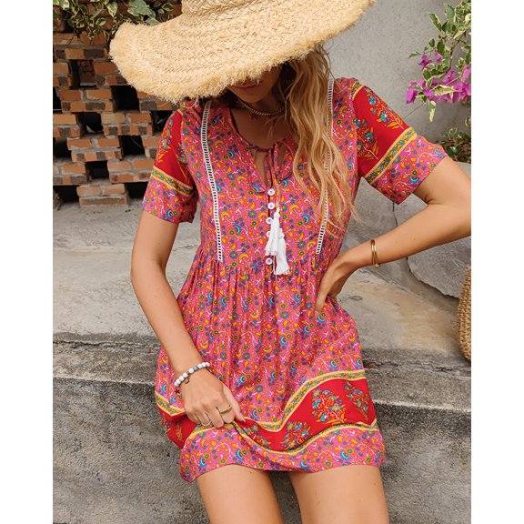 Summer Dresses for Women Maxi Dress Crew Neck Print Dress Boho