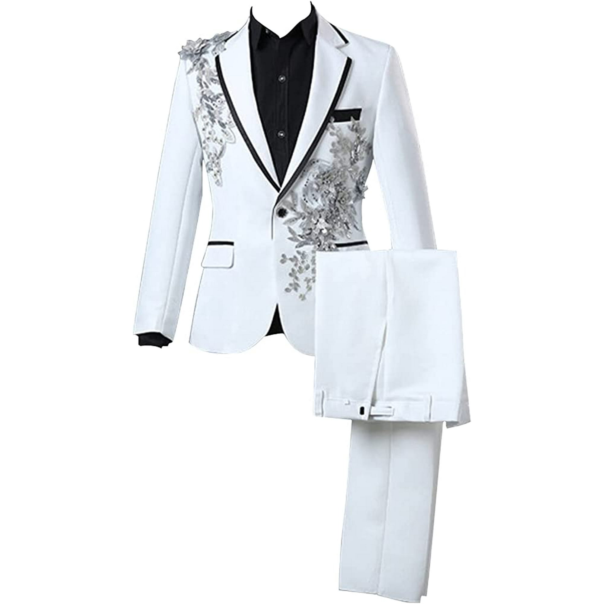 nipocaio Men 2 Piece Suits Luxury Embroidered 1 Button Printed Dinner Tuxedo Jacket Pants Wedding Prom Elegant Blazer Dress Suit White L Walmart