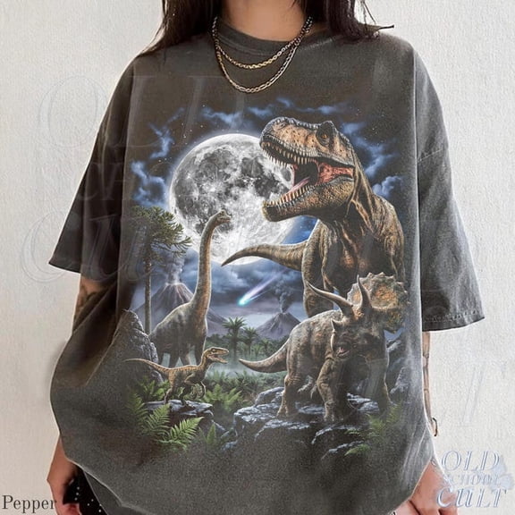 Vintage Dinosaur Moonlight Graphic T-Shirt – Retro T-Rex Jurassic Prehistoric Scene Tee – Unisex Dino Shirt