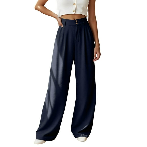 Fiaer,Women Loose Fit Dressy Pants for Work,Women's Buttons Plus Size Trousers with Pockets,Ladies Trendy Straight Legging Slacks Navy XL