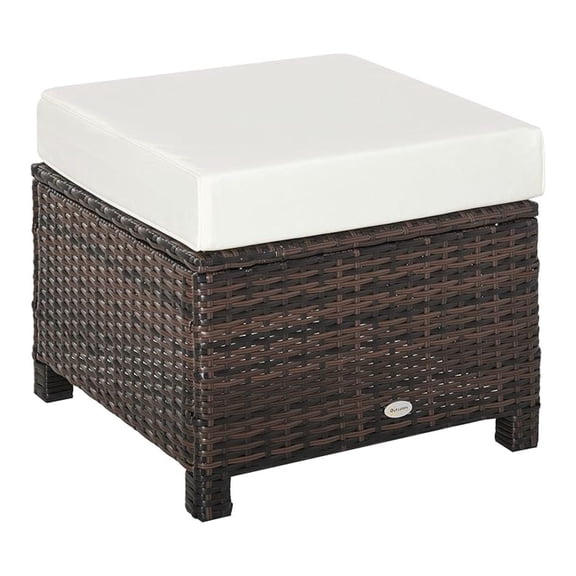20" Patio Wicker Ottoman, Multipurpose Outdoor PE Rattan Footrest, Additional Seating, Side Table with Soft Cushion, Brown, White