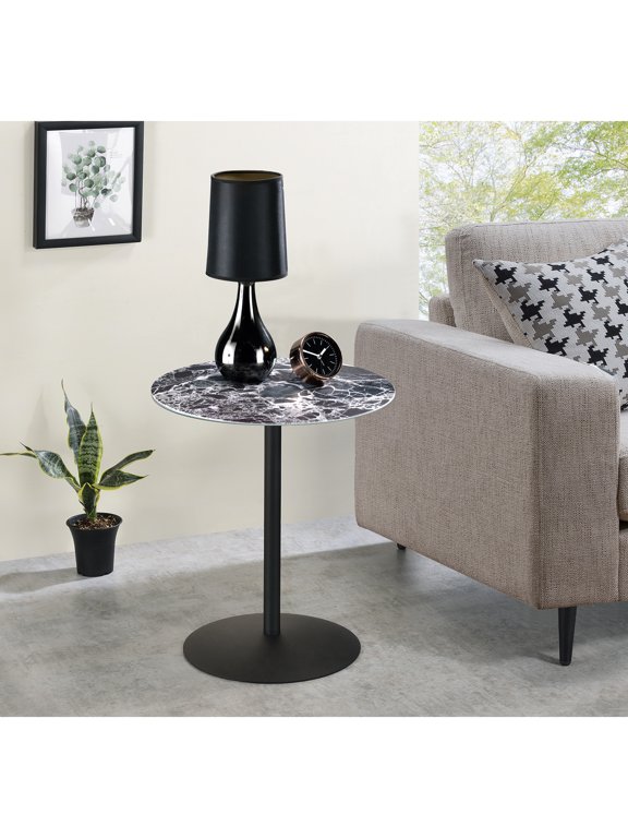 17.5" Compact End Table With Black Marble Textured Cover And Solid Steel Frame Top A Structure
