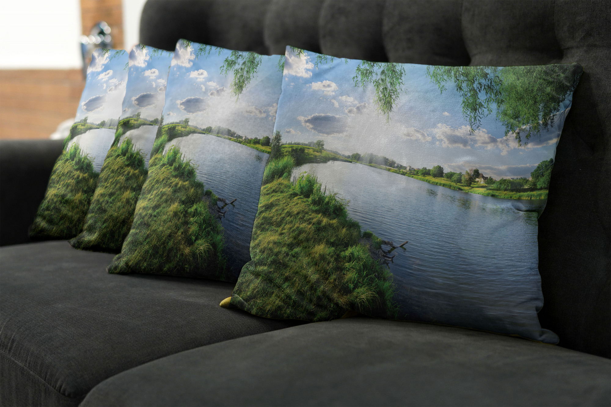 Nature Throw Pillow Cushion Case Pack of 4, Sunny Day on a Calm River in Summer Sunshines Greenery Grass Outdoors Cloud, Modern Accent Double-Sided Print, 4 Sizes, Fern Green Sky Blue, by Ambesonne - image 2 of 6