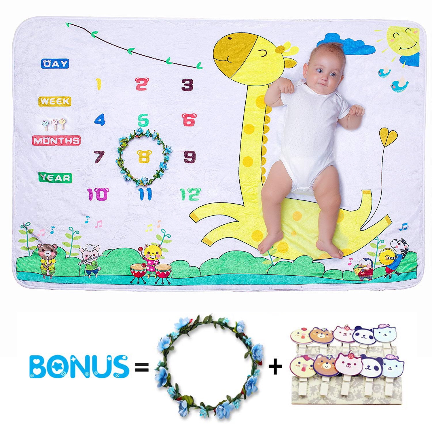 Baby Monthly Milestone Blanket Large 60"x40" Bonus Flower Wreath and