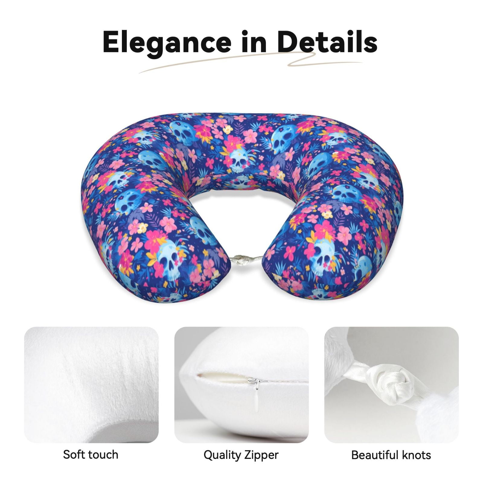 Xecao Blue Skull Flower Print Memory Foam Cervical Neck Pillow Versatile U-Shaped Pillows for Home,Office,Camping,Travelling,Soft Washable Cover