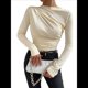 thumbnail image 3 of Camiseta Informal de Larga con Cuello Alto y Fruncido para Mujer, Corte Entallado y Color Liso Albaricoque M, 3 of 10
