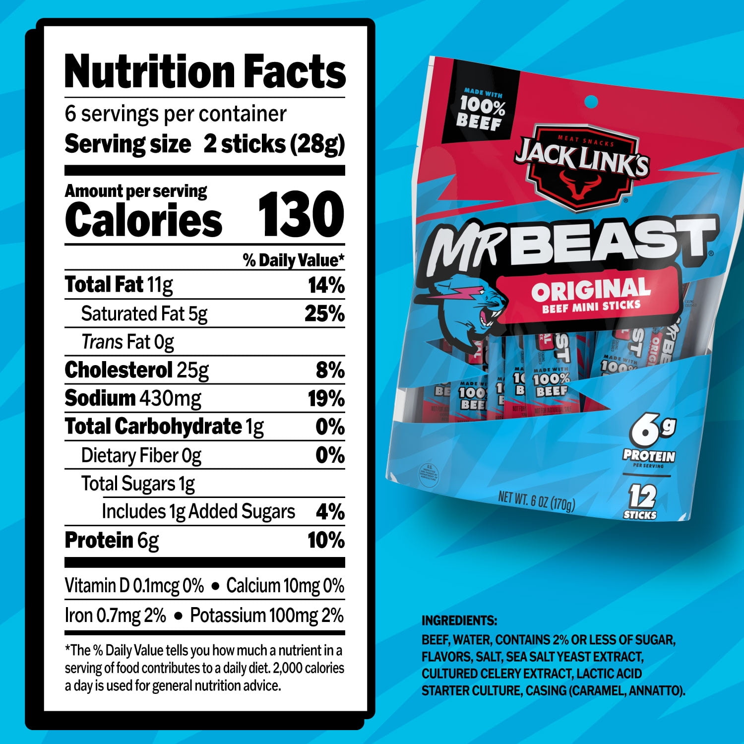(8 pack) Jack Link’s x MrBeast Original Mini Beef Sticks, 6 Ounce bag, 12 count of .5 Ounce meat sticks