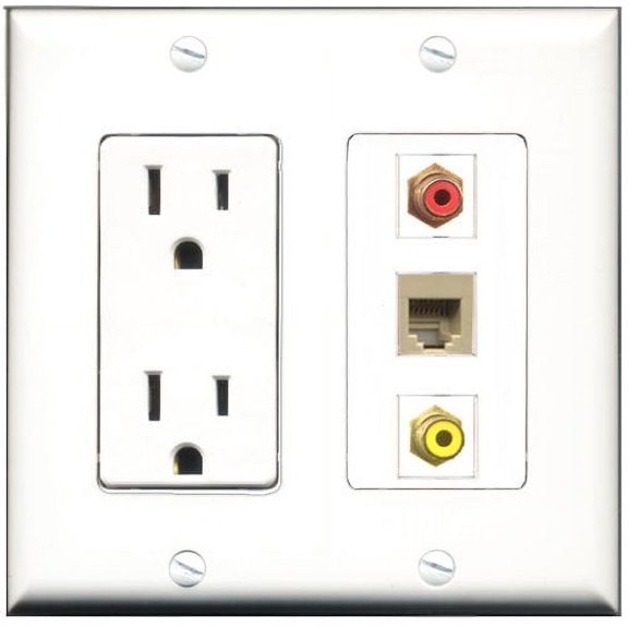 RiteAV - 15 Amp Power Outlet 1 Port RCA Red 1 Port RCA Yellow 1 Port Phone Beige Decorative Wall Plate