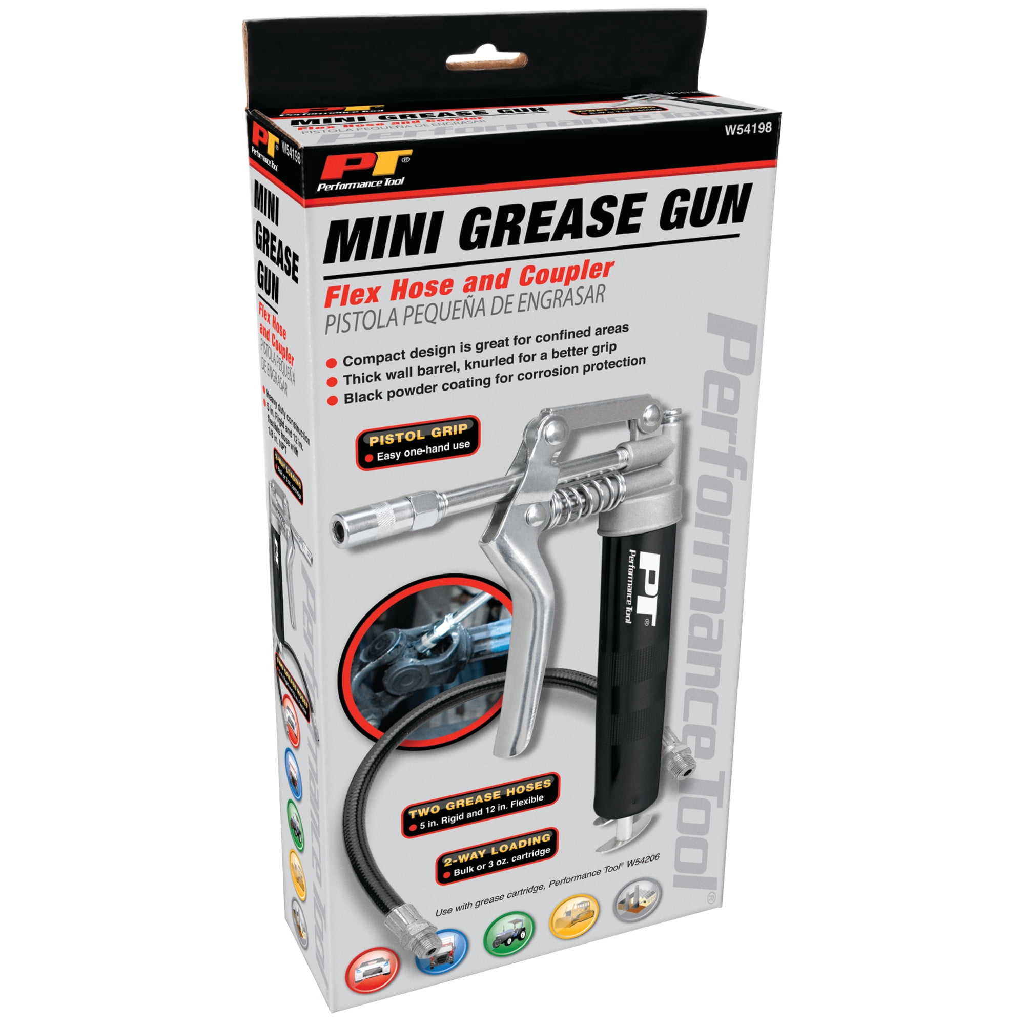 Performance Tool W54198 Mini Grease Gun (3 oz) With 12 inch Flexible Hose and 5.5 inch Rigid Extension Pipe