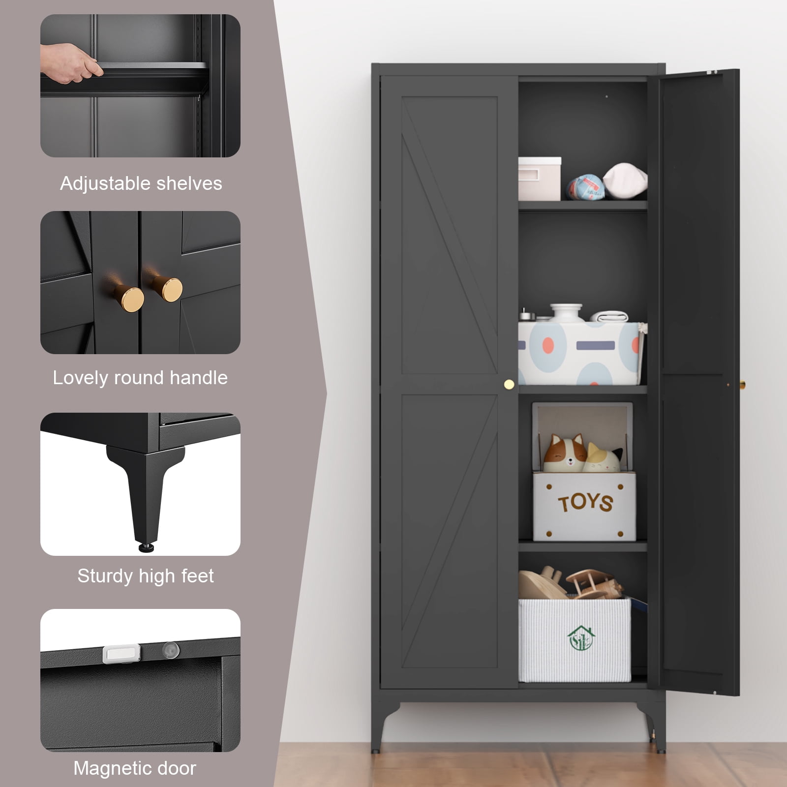 Aukfa 65" Freestanding Kitchen Pantry Storage Cabinet with 4 Adjustable Shelves, Metal Food Pantry Cupboard for Kitchen/Garage/Office, Black