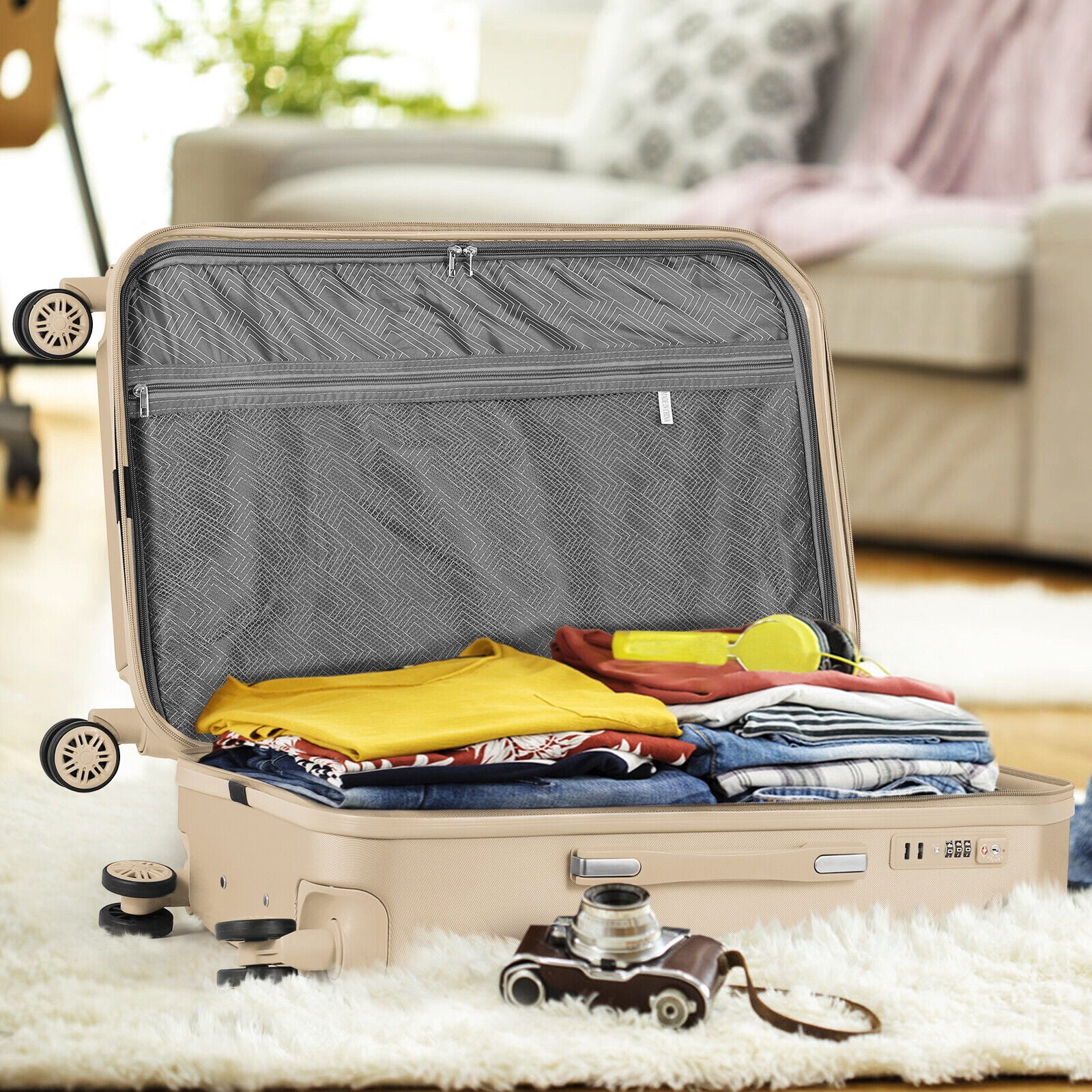 Hikolayae Crossroad Collection Hardside Spinner Luggage Sets in Beige, 5 Piece - TSA Lock