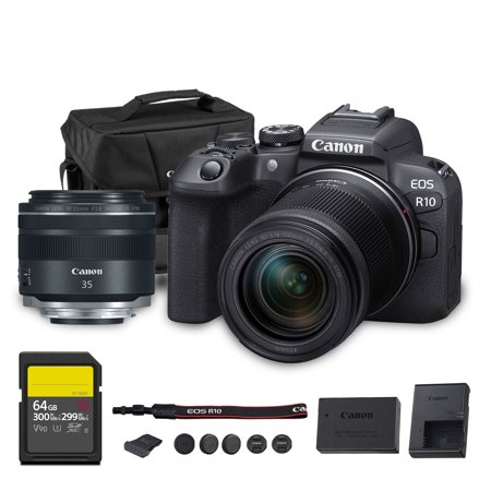 Canon EOS R10 Mirrorless Camera Kit | 24.2MP APS-C Sensor with RF-S 18-150mm Lens | 4K Video Dual Pixel AF Compact Travel Photography (5331C016) + Canon RF 35mm Lens + 64GB Card + Bag
