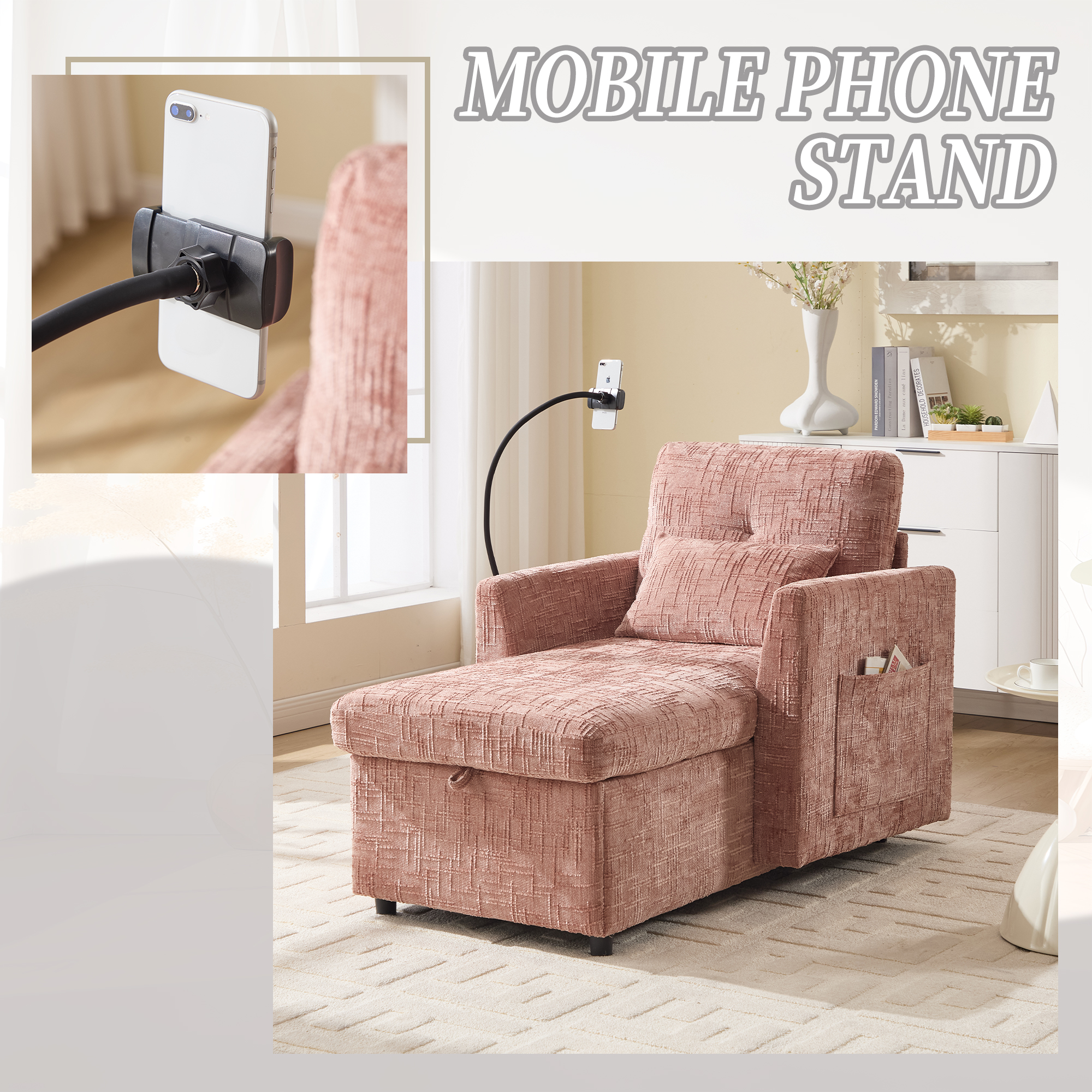 MOONMISS Chenille Upholstered Storage Lazy Single Leisure Chair Sofa with Phone Holder&Side Pocket-Pink