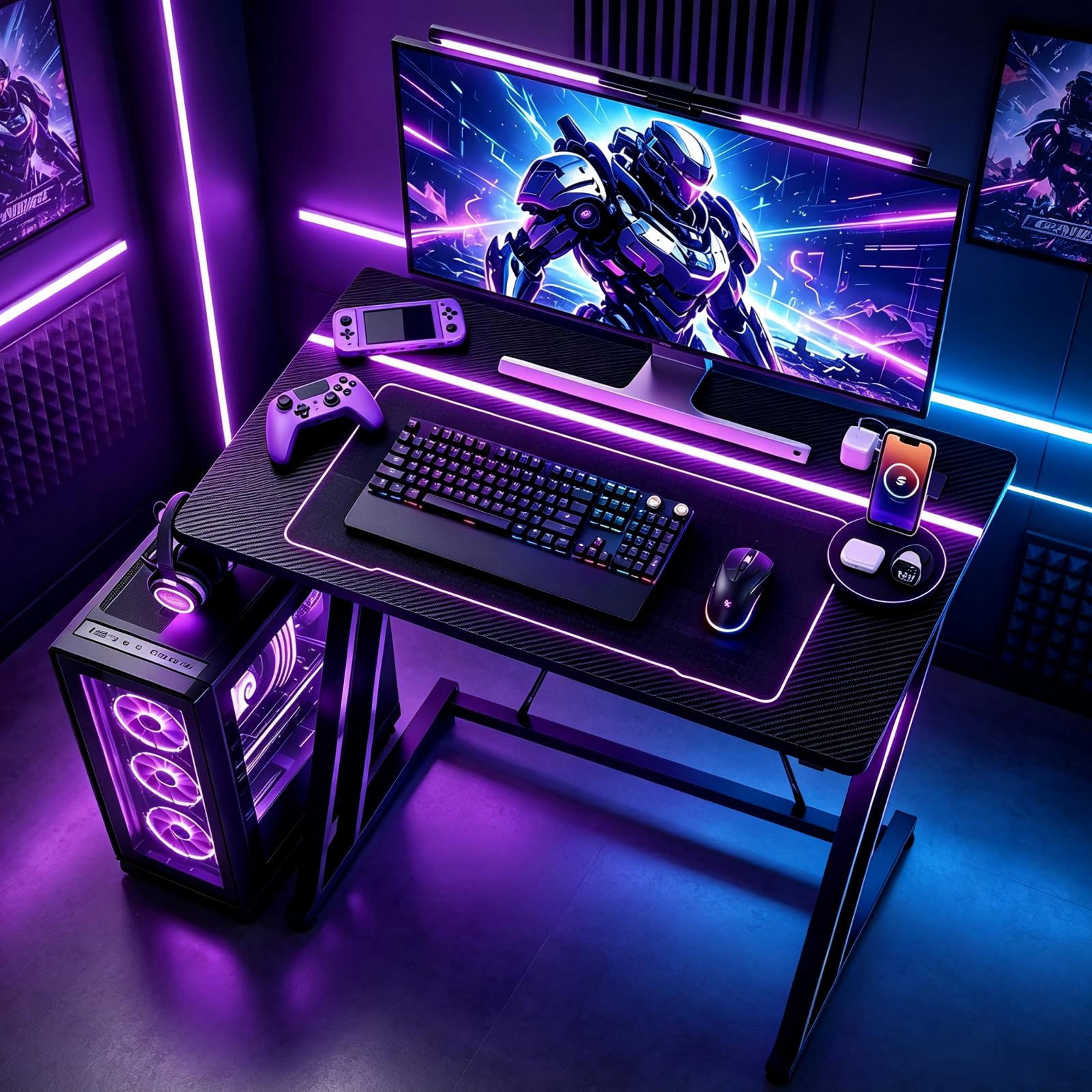 31.5" Z-Shaped Gaming Desk with Carbon Fiber Texture and Recessed LED Light, Black