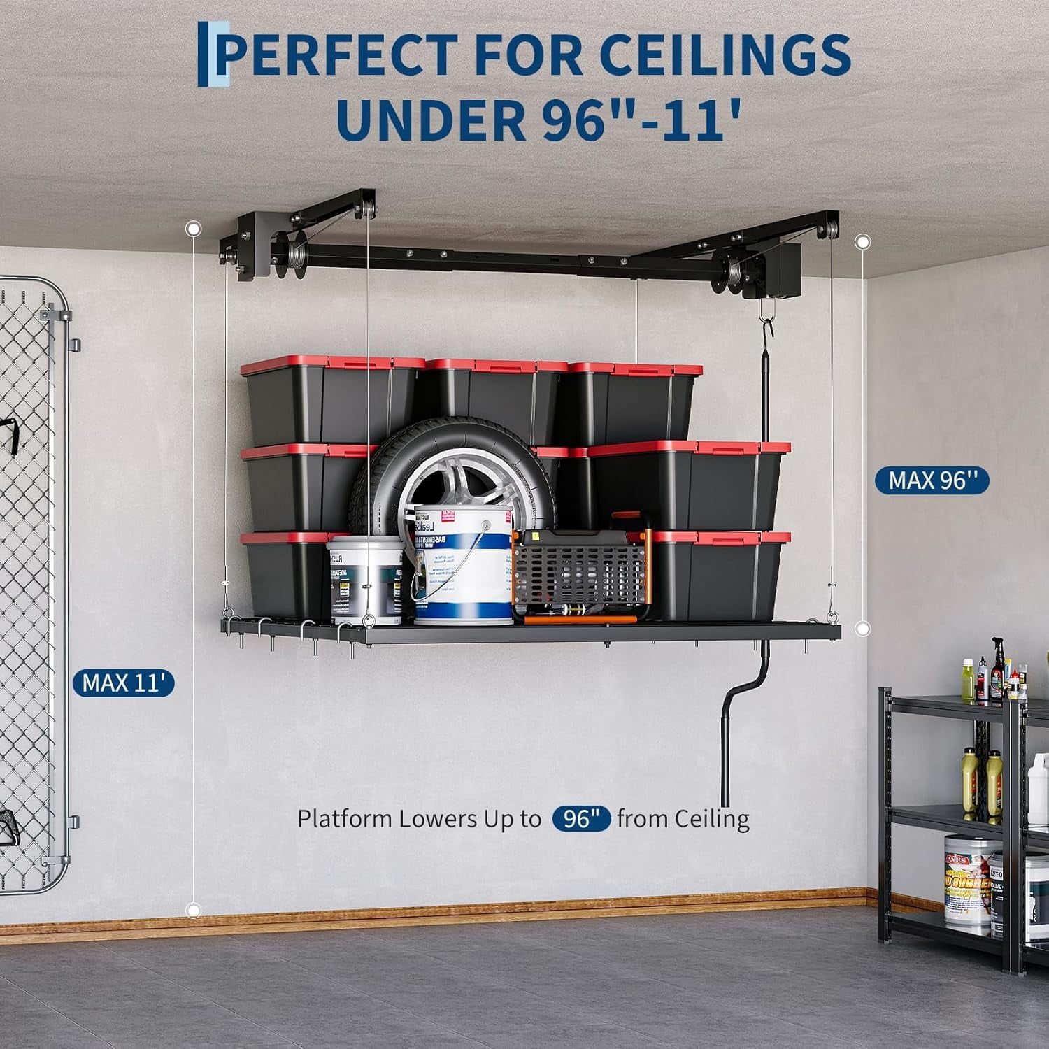 close-up of steel platform and dual safety lock mechanism on overhead garage lift rack