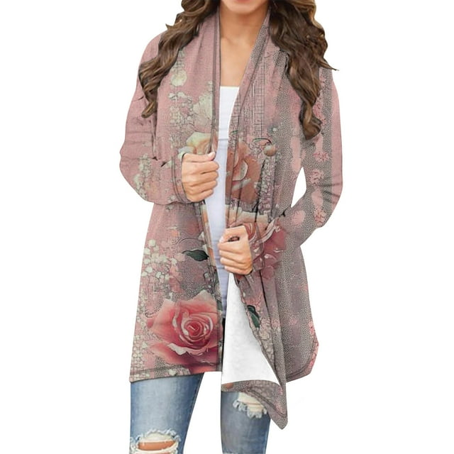 Enjoytime Cardigan de Mode pour Femmes Imprimé Floral Manches Longues Cardigans Surdimensionnés Légers Tenues Décontractées Ouvertes