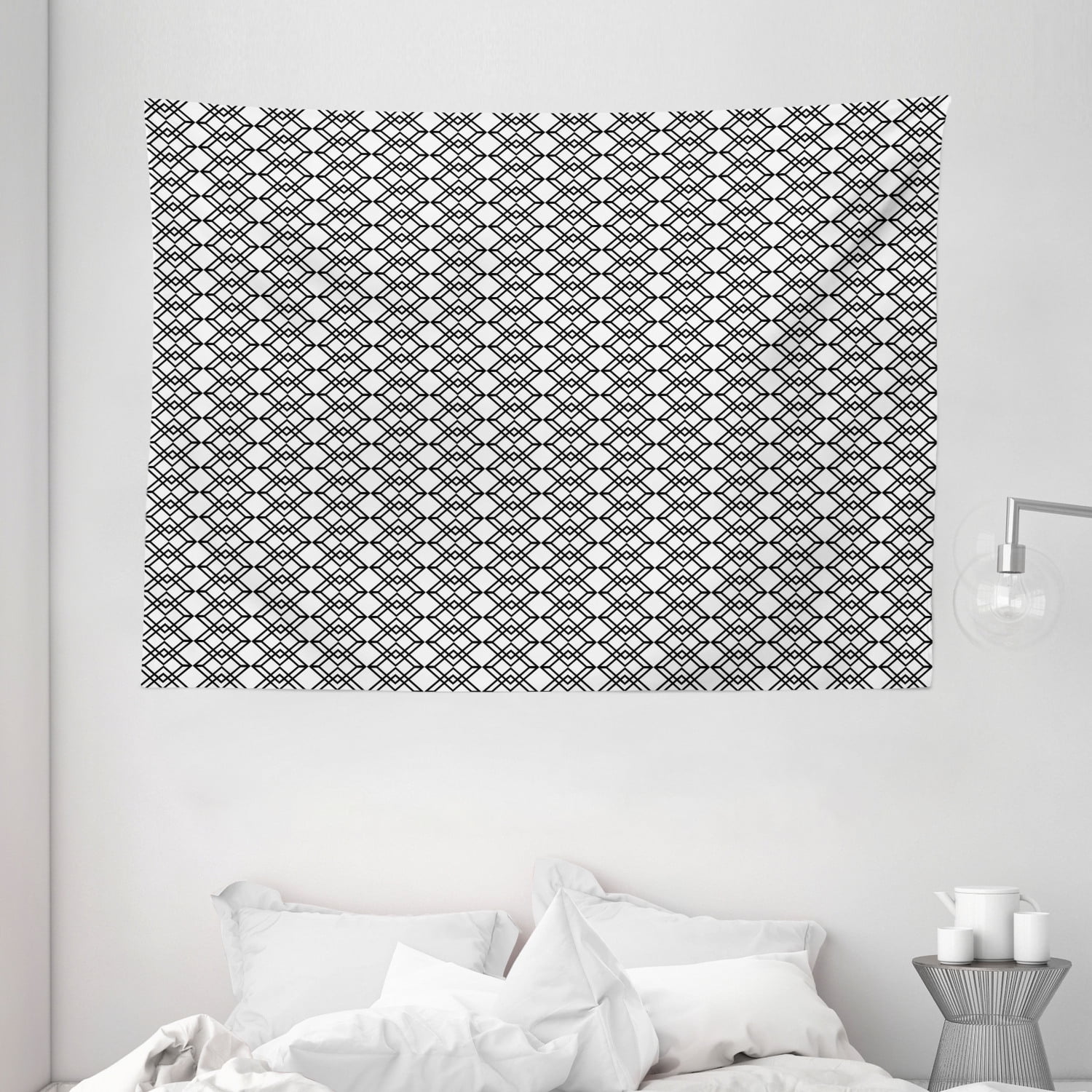 Black and White Tapestry, Grid Style Lines Monochrome Interlace Squares Modern Digital Art