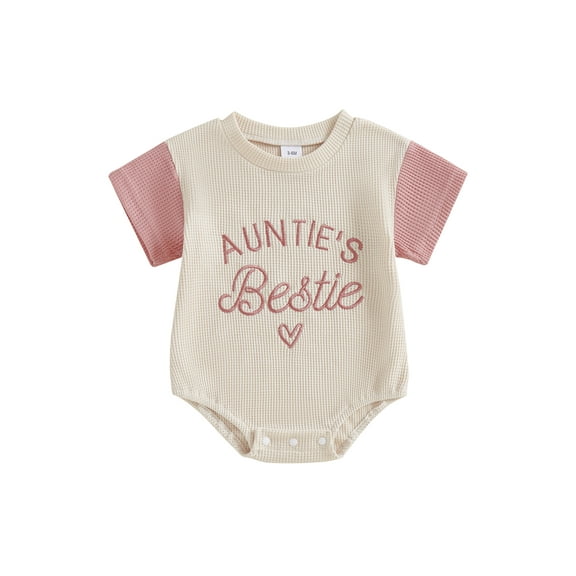 Qmyliery Baby Girl Romper Contrast Color Letter Embroidery Waffle Crew Neck Short Sleeve Newborn Jumpsuit Perfect for Summer