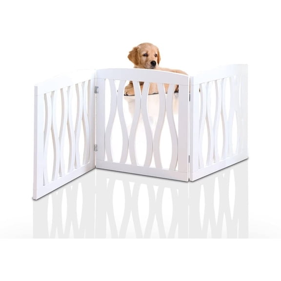 Wooden Pet Gate, Foldable and Freestanding, For Indoor Home and Office Use. Keeps Pets Safe [White Cascade Wave Decorative Design. Easy Set Up, No Tools Required]