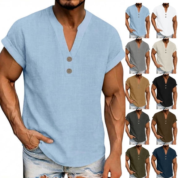 Afuyipoi T-Shirts Men,Half V-Neck Tops Solid Color Casual Button-Up Short-Sleeve Tees Blue XL