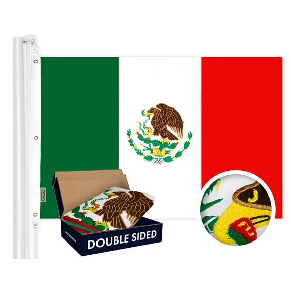 G128 Mexico Mexican Flag | 5x8 Ft | Double ToughWeave Series Double Sided Embroidered 210D Polyester | Country Flag, Embroidered Design, Indoor/Outdoor, Brass Grommets, Heavy Duty, 3-ply