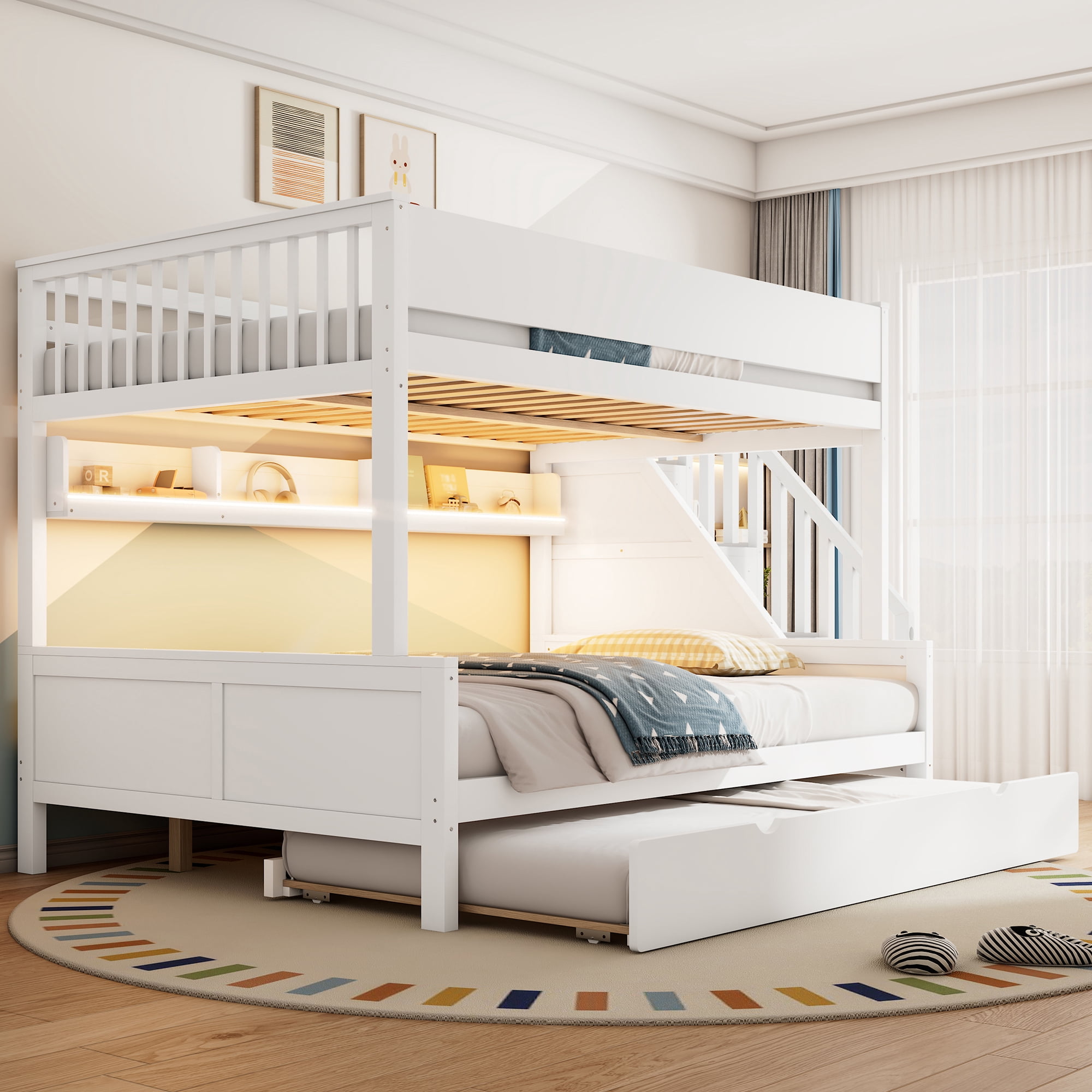 Euroco Full XL over Queen Bunk Bed with Storage Staircase and Shelves, Wood Bed with Trundle and LED Light, White