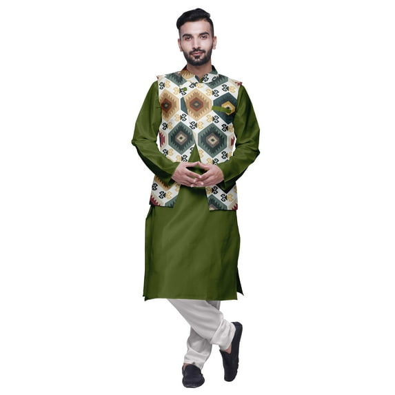 Atasi Indian Long Kurta Men Solid Kurta Pajama With Printed Nehru Jacket Set