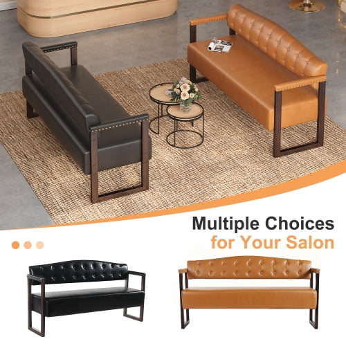 57.83" Waiting Room Bench, Mid-Century Modern Reception Sofa with Tufted Backrest and Nailhead Trim, Black PU Leather Commercial Waiting Bench for Beauty Salon, Spa, Office, Barber Shop, Black
