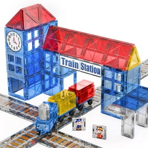 SKTMYY Magnetic Tiles Train Toys Train Station for Kids Age 3-8 Magnet Tiles Cars STEM Preschool Classroom Educations Toys Birthday Gifts for Boys Girls