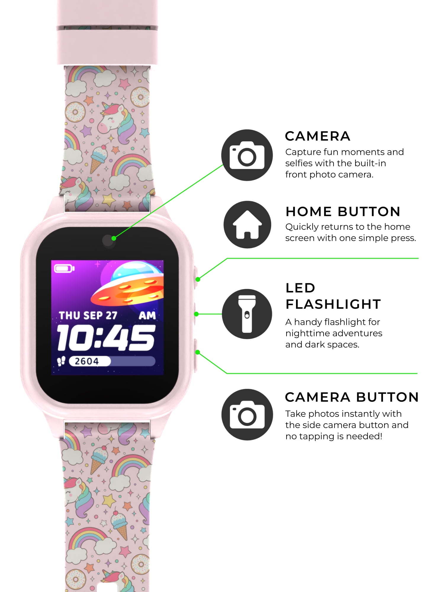 iTech Jr. 4 Kids Girls' Smartwatch with Camera, Audiobooks, and Games – Blush Case with Blush Ice Cream, Unicorn, and Rainbow Caricature Strap