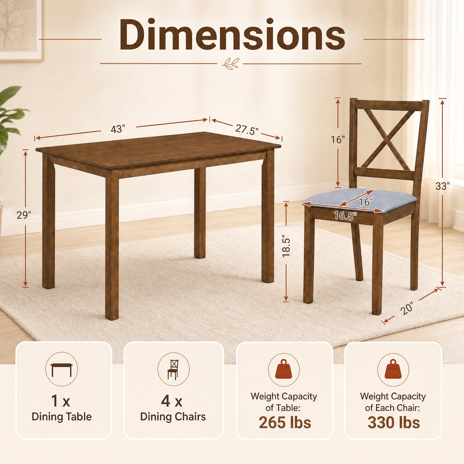Furnibear 5 Piece Dining Table Set with Rectangular Table and Upholstered Fabric Kitchen Chairs for Dining Room Small Space Seating, Gray