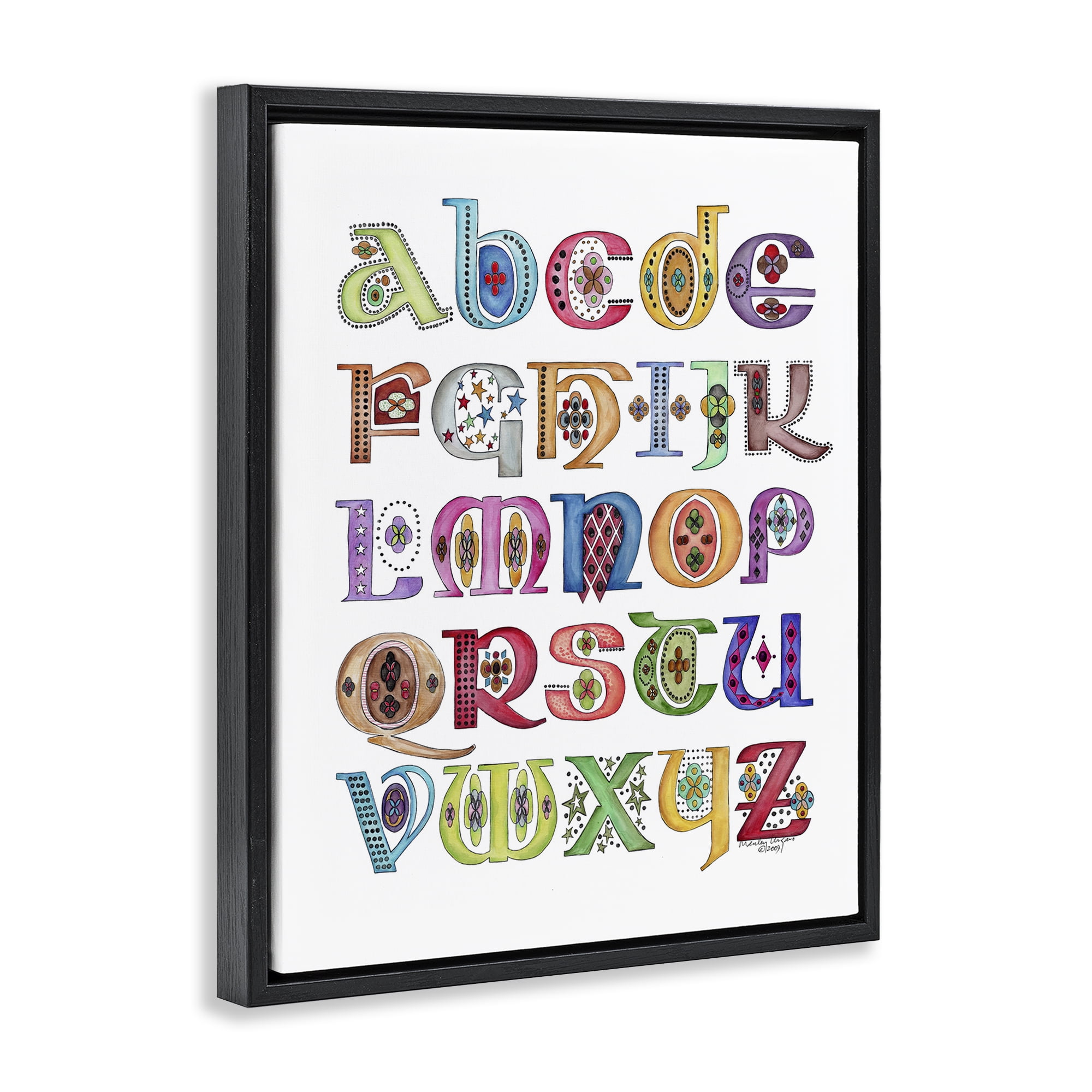 Stupell Industries Boho Whimsical Alphabet Novelty Painting Black Floater Framed Art Print Wall Art, 25 x 31
