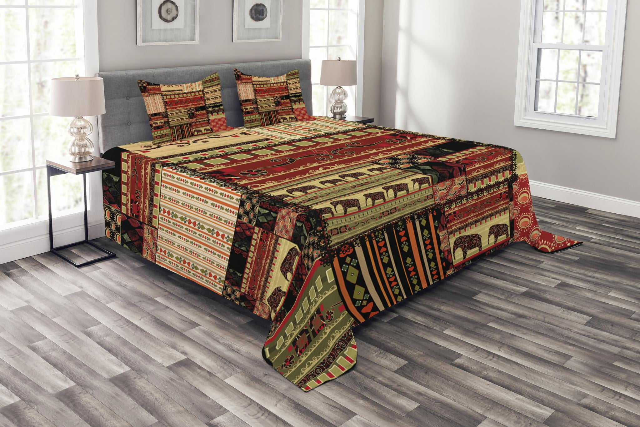 African Bedspread Set King Size, Patchwork Style Asian Pattern with