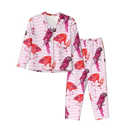Pajamas for Women Set - Striped Parakeet Flamingo Pink Comfy Long Sleeve Button Up Pajama Sets for Women 2 Piece  Soft Sleepwear Nightwear Pjs Lounge Sets for Women with Pockets