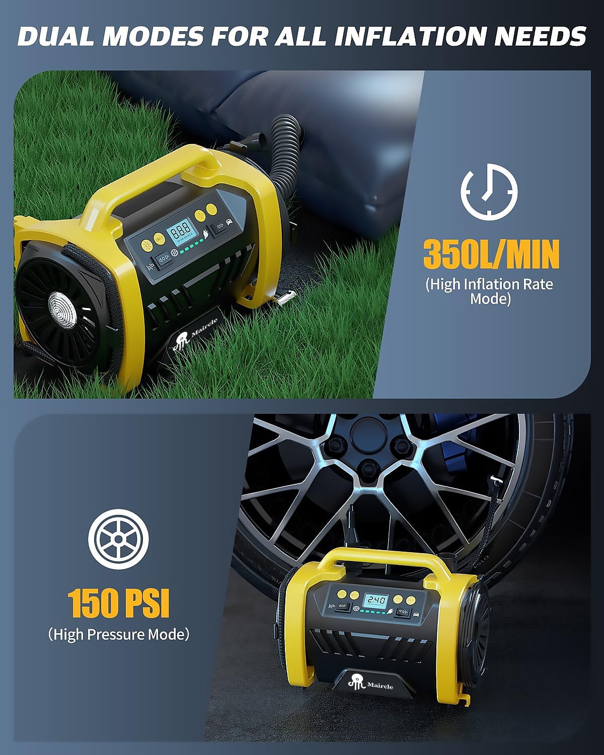 Maircle  AC/DC Tire Inflator, 3 in 1 Portable Air Compressor for Car Tires with Auto Shut-off, LED Light, 150PSI Air Pump for Cars, Balls, Motorcycles