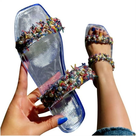 

SHENGXINY 2022 Spring Summer Outdoor All-match Casual Slippers Single-layer Rhinestone Transparent PVC Flat Non-slip Women Beach Sandals