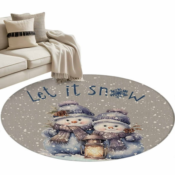 Christmas Snowman Round Area Rug 4 FT, Non Slip Indoor Outdoor Rug, Winter Snowflake Grey Rustic Burlap Washable Soft Circular Carpet Non-Shedding Floor Mat for Coffee Table Nursery Foyer Balcony