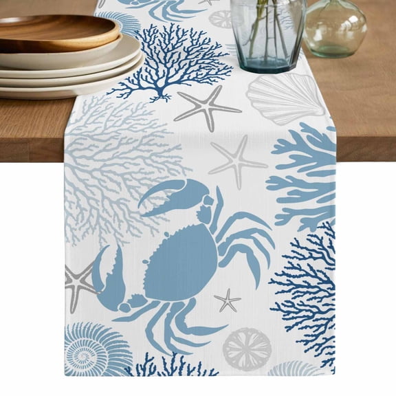 Coastal Blue Crab Table Runner, Coral Starfish Ocean Conch Nautical Washable Cotton Linen Table Runners 90 Inches Long, Dresser Scarf Runner for Dining/Coffee/Kitchen/Hallway Tables 13''x90''