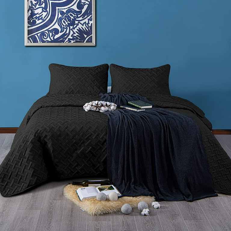 Full Queen 90x 96 Quilt Set Black Bedspread 3 Piece Microfiber