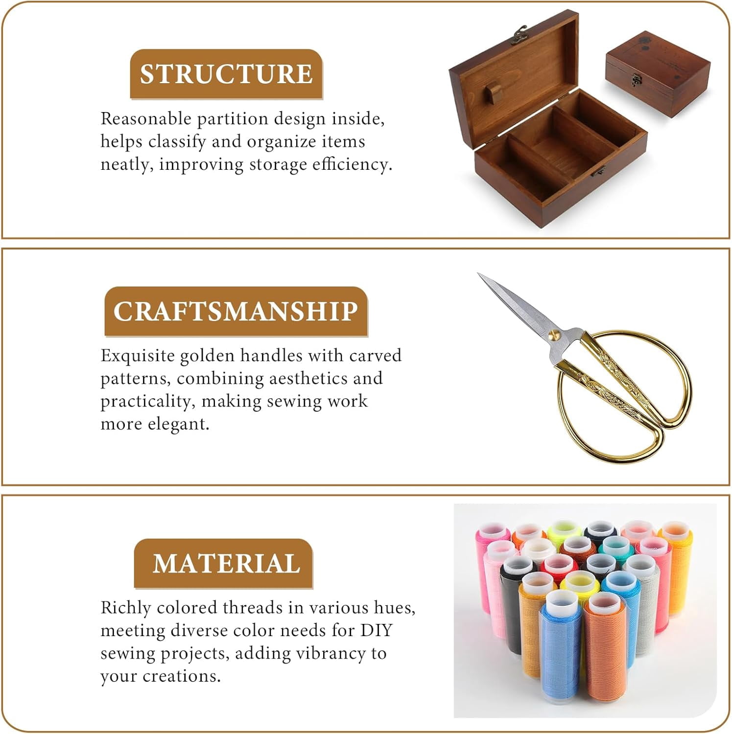 Mother's Day Gift Sewing Kit for Adults Wooden Sewing Box with Thread Scissors Thimble Needle Cushion Seam Ripper Retro Wooden Sewing Basket Sewing Supplies for Beginners