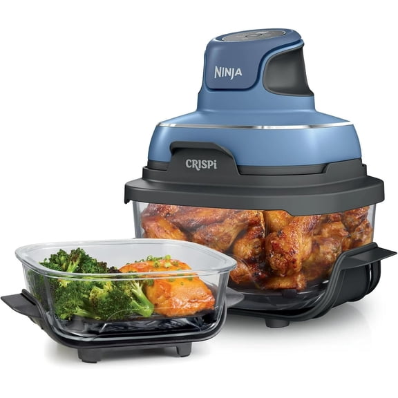 Crispi Air Fryer, Microwave, Freezer & Dishwasher Safe, Non Toxic Glass Portable Cooking System, 4 QT & 5 Cup Glass Containers with Storage Lids, Easy Meals, Blue