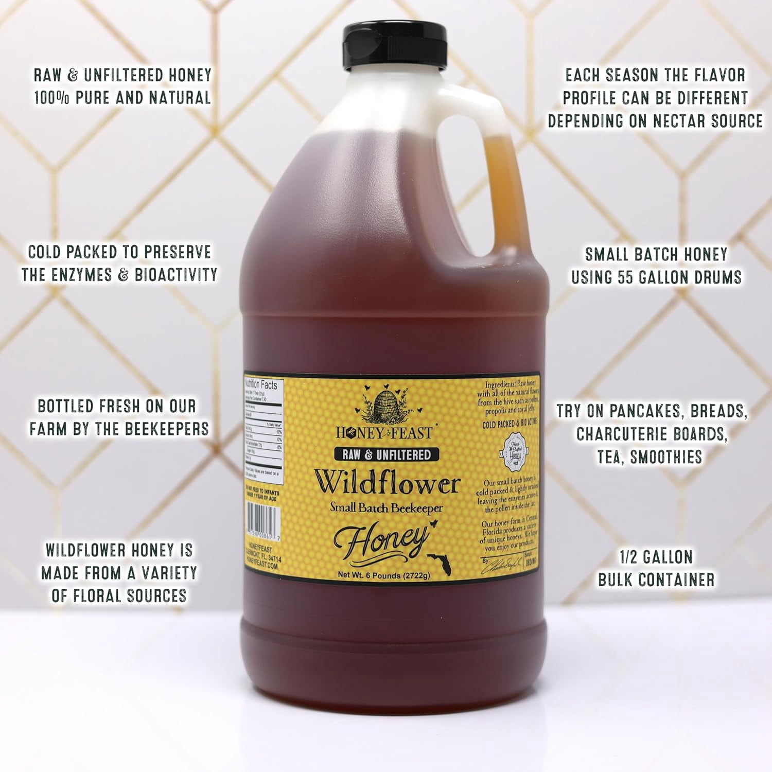 HONEY FEAST 6 Pounds (1/2 Gallon) Bulk Wildflower Honey, All Natural, Unfiltered, Unheated Honey, Perfect for Sweetening & Baking