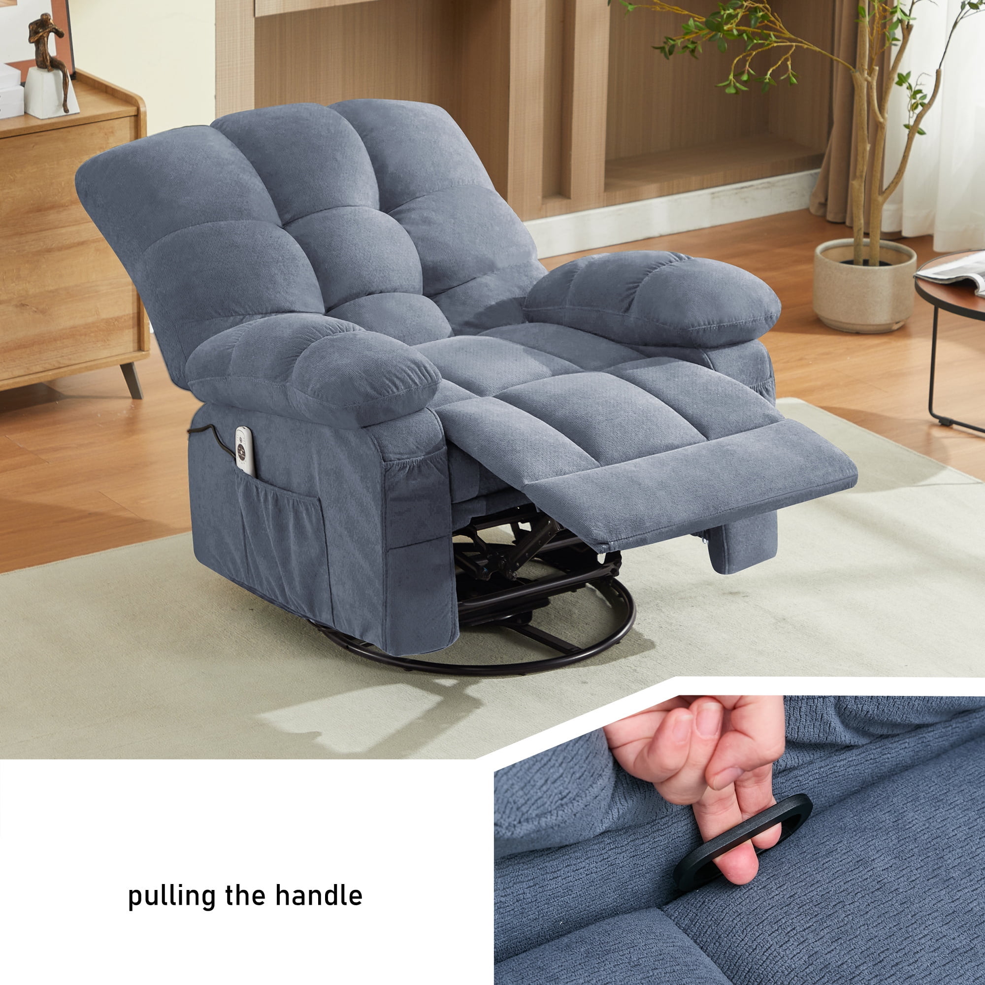 Alvantor Oversized Swivel Rocker Recliner Chair with Massage & Heat Function for Adults, Elderly Single Rocker Sofa with Cup Holders for Bedroom Home Theater Blue