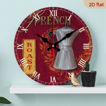 A 10-inch 2D flat wooden silent wall clock with a French Baking theme. It is an excellent choice for Halloween/Easter/Christmas gifts and is suitable for modern home decoration art.